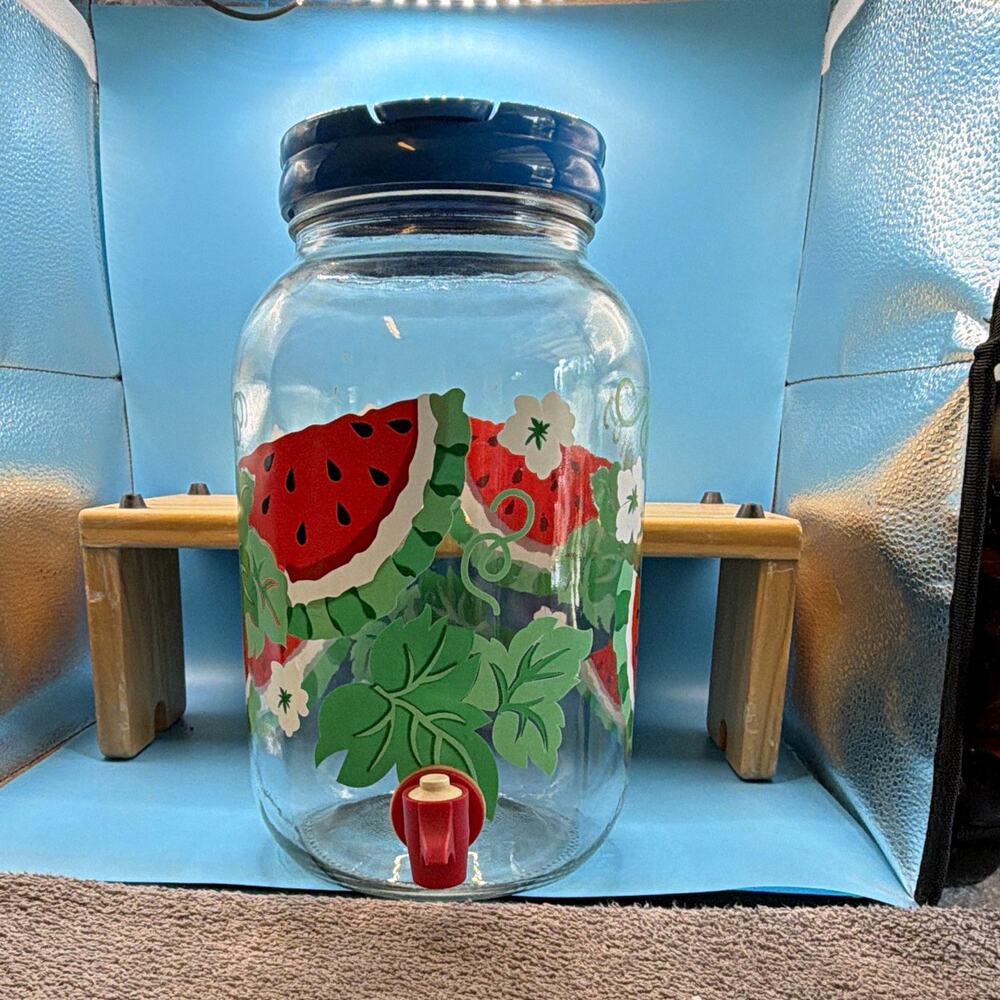 Vintage 1 Gal Glass Beverage Dispenser Jar, Watermelon Fruit Pattern, Blue Lid
